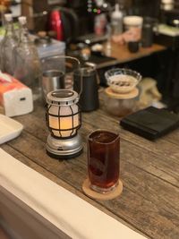 High angle view of drink in glass on table