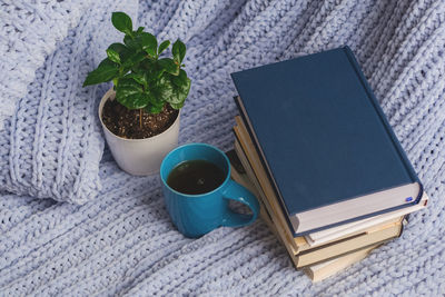 High angle view of coffee cup on table