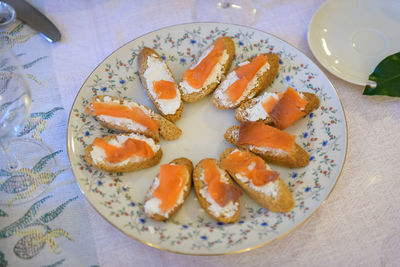 High angle view of breakfast served on table