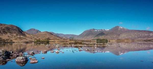 Panoramic view of the reflections of the black mount hills in lochan na h-achlaise on rannoch moor