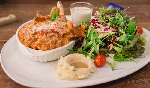 Close-up of meal served in plate on table