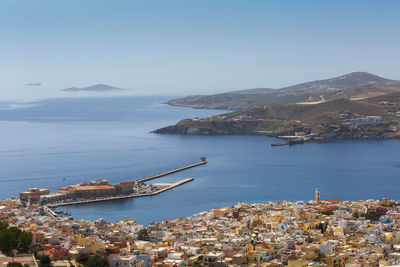 Harbour of ermoupoli town as seen from above, greece.