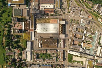 High angle view of buildings in city