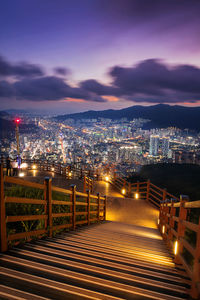 High angle view of illuminated cityscape against sky at night