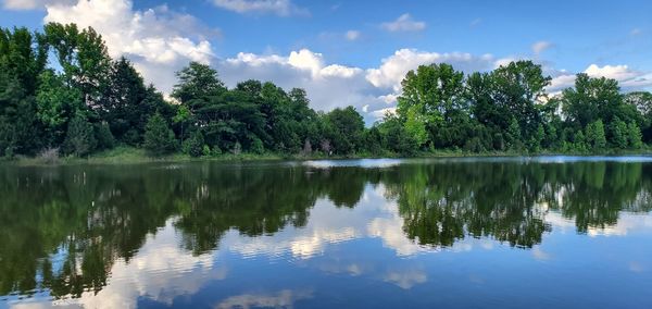 Reflection of trees in lake against sky