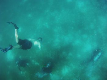 High angle view of scuba divers swimming in sea