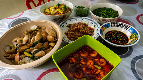 High angle view of food served on table