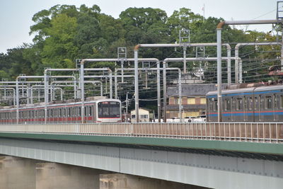 Train on bridge against sky