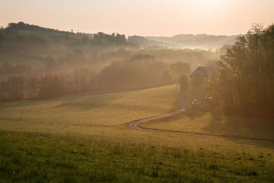 Panoramic image of scenic view on a colorful morning, bergisches land, odenthal, germany