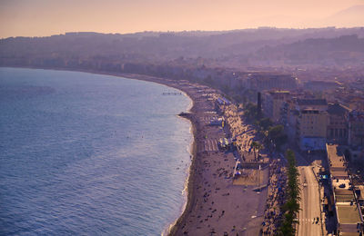 High angle view of city during sunset