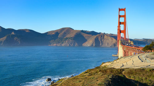 Scenic view of sea against clear blue sky