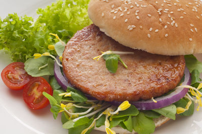 Close-up of burger in plate