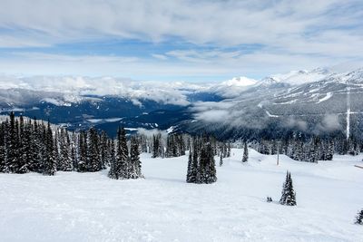 Scenic view of mountains against sky during winter