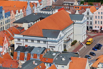 High angle view of street amidst buildings in town