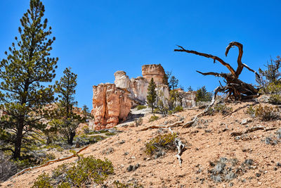 Rock formations on landscape against clear blue sky