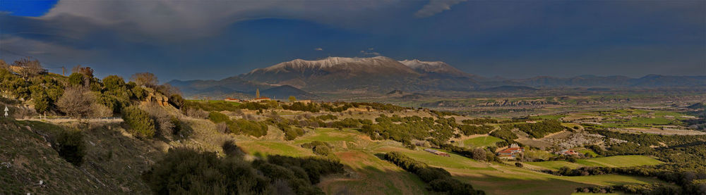 Panoramic view of agricultural landscape against sky