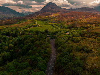 High angle view of road amidst landscape against sky