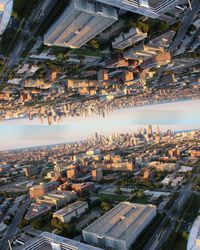 High angle view of buildings in city against sky