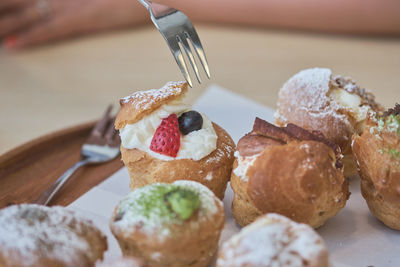 Close-up of dessert served on table