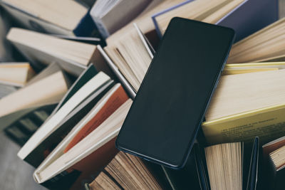 High angle view of books on table