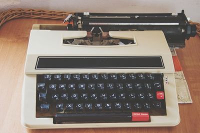 High angle view of text on table