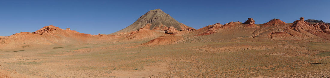 Panoramic view of rocky mountains against clear blue sky