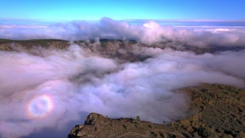 High angle view of smoke at volcanic mountain