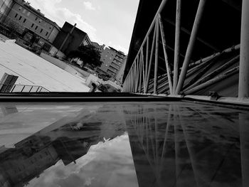 Reflection of bridge and buildings on glass