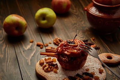 High angle view of apples on table