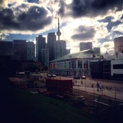 View of cityscape against cloudy sky