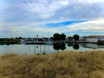 Scenic view of lake by building against sky