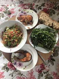 High angle view of meal served on table