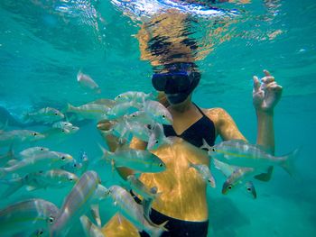 Woman swimming by fish in sea