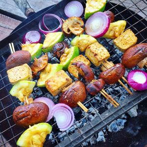 High angle view of food on barbecue grill