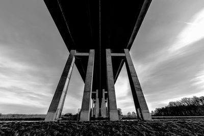 Low angle view of suspension bridge against sky