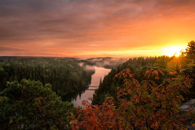 Scenic view of lake against orange sky