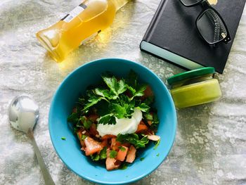 High angle view of breakfast served on table