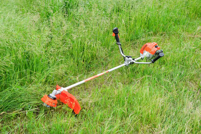 High angle view of worker working on field