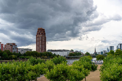 View of buildings in city against cloudy sky