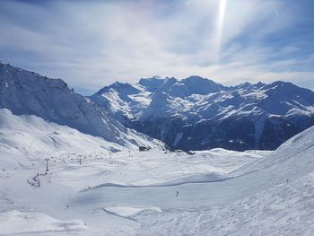 Scenic view of snowcapped mountains against sky