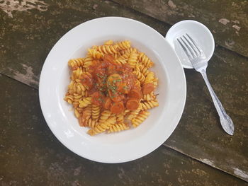 High angle view of meal served on table