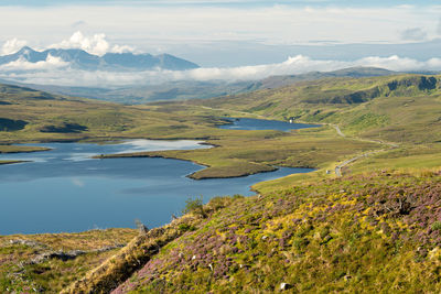 Scenic view of lochs leathan and fada seen from the walking path to old man of storr on isle of skye