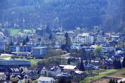 High angle view of buildings in city