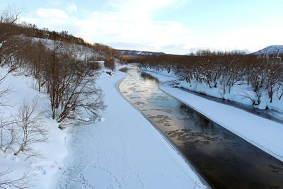 Scenic view of snow covered landscape against sky