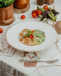 High angle view of food in plate on table