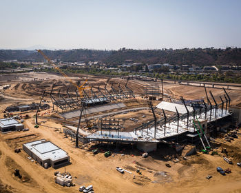 High angle view of construction site against sky