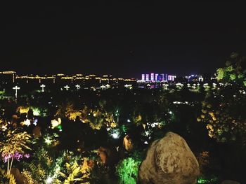 High angle view of illuminated cityscape