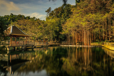 Scenic view of lake by trees against sky