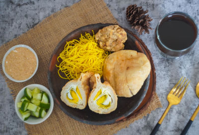 High angle view of breakfast on table