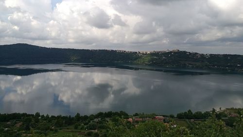 Scenic view of lake against cloudy sky